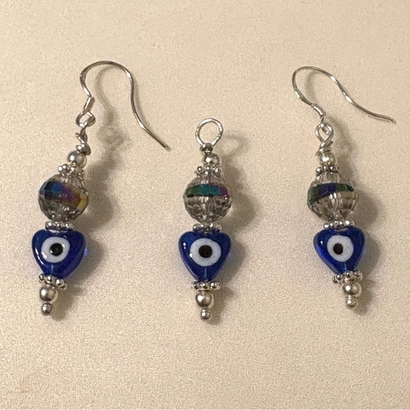 Evil Eye Glass Heart Dangle Earrings and Necklace Charm - Picture 3 of 3